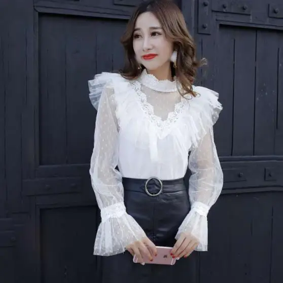 2019 Весна Для женщин Летняя блузка милые в крапинку с низким вырезом на спине