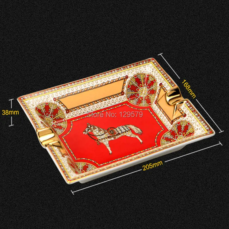 Luxiry Gadgets Retro Square Horse Pattern Red Ceramic Cigar Ashtray with 2 Rests | Ashtrays