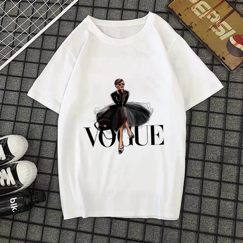 Летняя Новинка, модная женская футболка, VOGUE, с буквенным принтом, Harajuku, футболка с круглым вырезом и коротким рукавом, белые топы, женская одежда