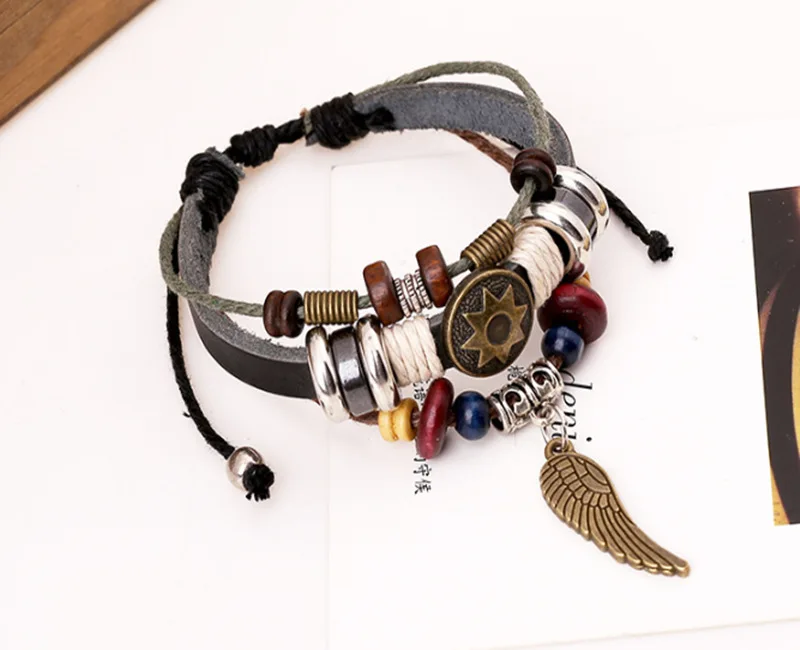 SH-5 Angel Wings Pendants Leather Bracelets Multilayer Beaded Fashion Summer Gifts For Friends Burst Models | Украшения и