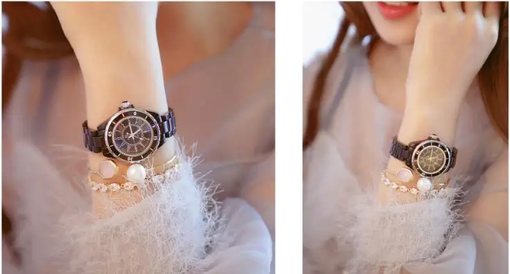 Летние Для женщин Стразы Часы леди платье часы Montre Femme черный, белый цвет Керамика браслет наручные женские часы со стразами