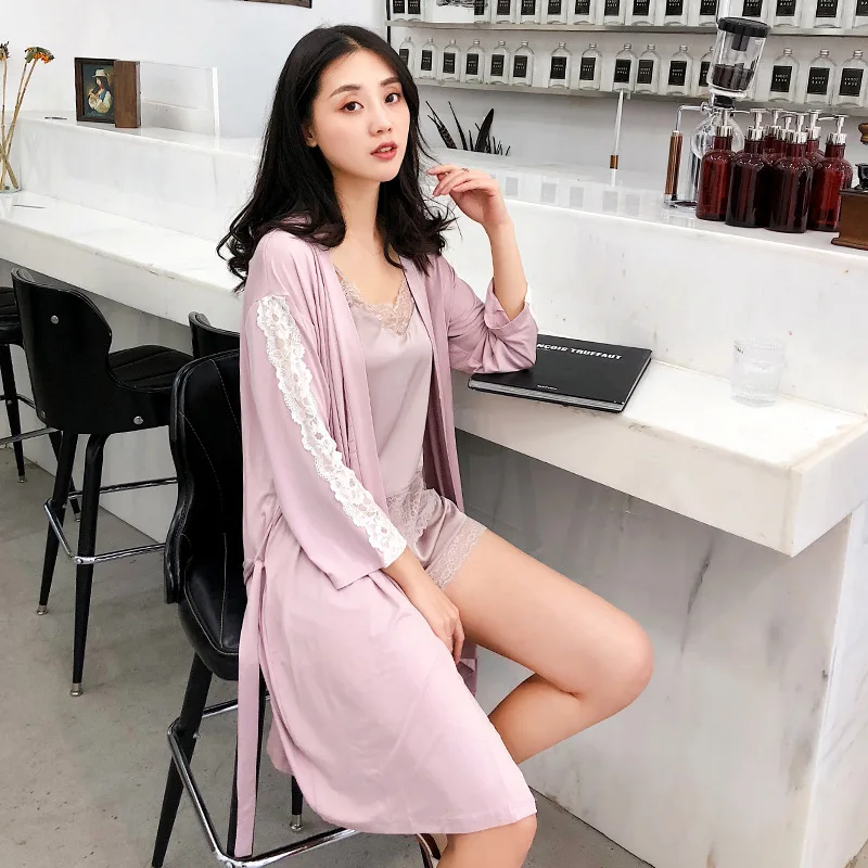 Шелковый атлас халат и пижама комплект Ночная рубашка пижамы женская Для женщин