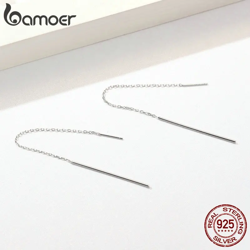 BAMOER, элегантные, новые, подлинные, 925 пробы, серебряные, простая линия, висячие серьги для женщин, подлинные серебряные ювелирные изделия, подарок SCE490