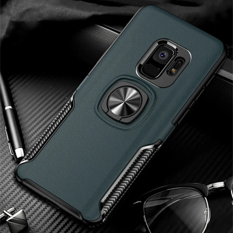 Кожаный чехол-подставка с текстурой для samsung Galaxy S9, S8, S10 Plus, Note 10, 9, 8, кольцевой держатель, Магнитный защитный чехол для J4, J6, J8, A8 - Цвет: navy