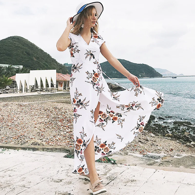 Женское длинное летнее платье с цветочным принтом Vestido De Festa на тонких бретельках