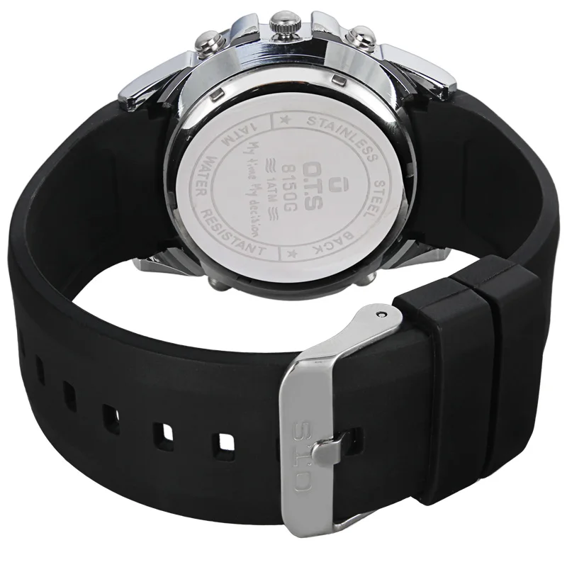 OTS спортивные часы Dual Time Авто Дата День LED сигнализации черный резиновый ремешок