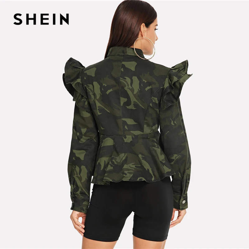 SHEIN Оригинальная Куртка С Оборками И Камуфляжный Принтом, Камуфляжная Верхняя Женская Одежда