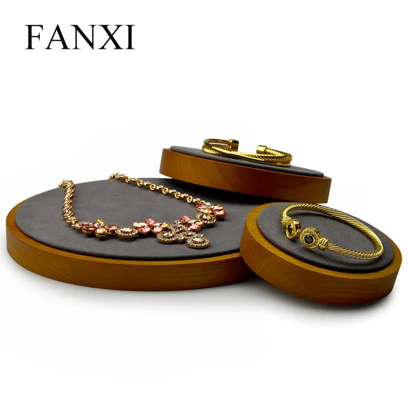 FANXI круглый твердый деревянный дисплей ювелирных изделий стенд кольцо ожерелье браслет серьги держатель лоток ювелирных изделий Организатор выставочная витрина