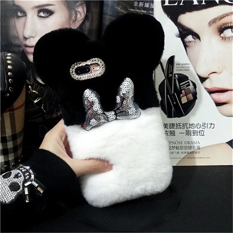 For iPhoneX 7 8PLUS Luxury Top Rabbit Fur Panda Bear Ear Tail Ball Plush Furry Case iphone11 12 Pro XS MAX XR 8 6 plus | Мобильные