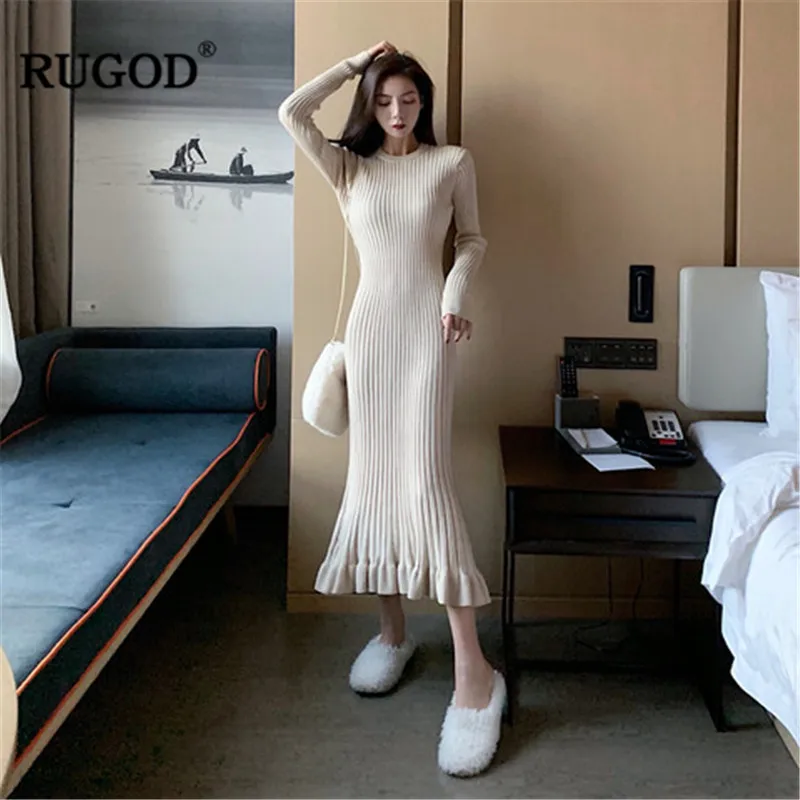 RUGOD Sexy Bodycon Women Dress Solid O-Neck Midi Casual Long Sleeve Trumpet Spring vestidos mujer 2018 | Женская одежда