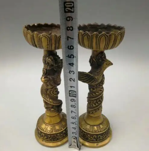 

China pure brass dragon and phoenix candlestick A pair
