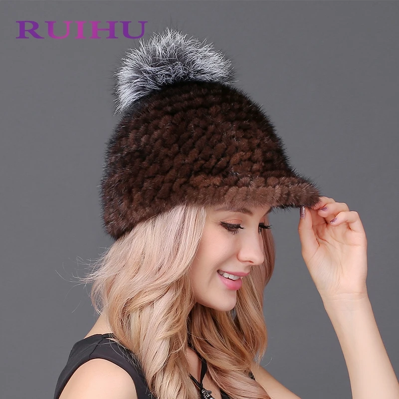 Ruihu Для женщин зимняя шапка из вязаной норки Кепки толстые теплые с лисой Мех