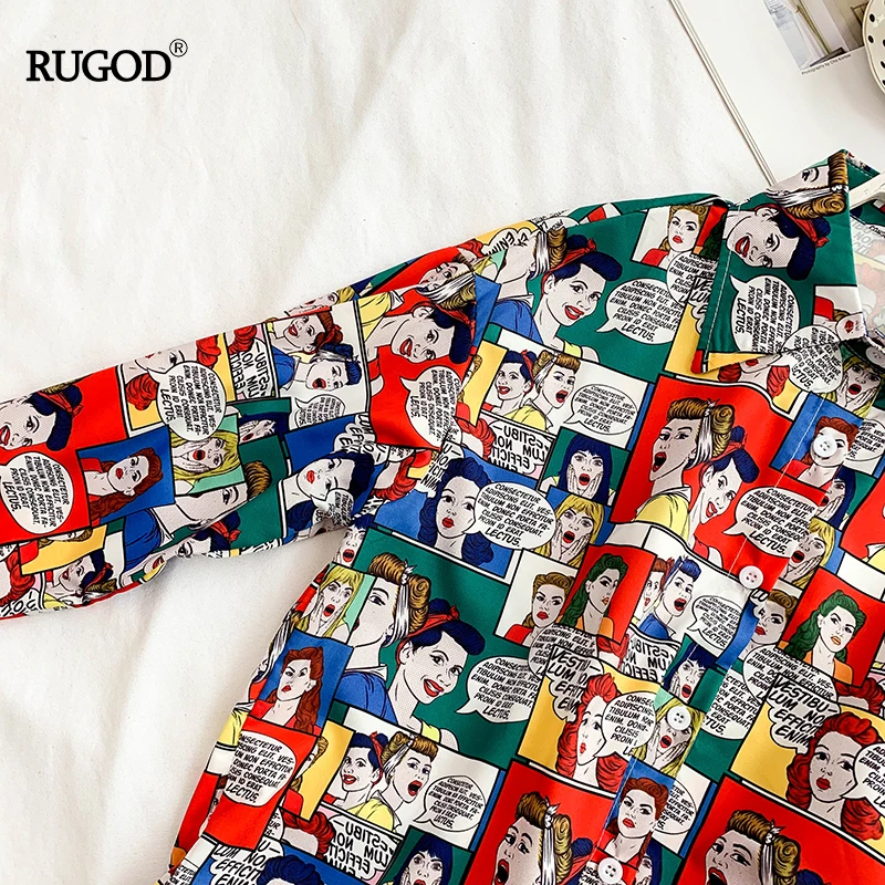 RUGOD/модные женские блузки с рисунком из мультфильма отложной воротник длинные