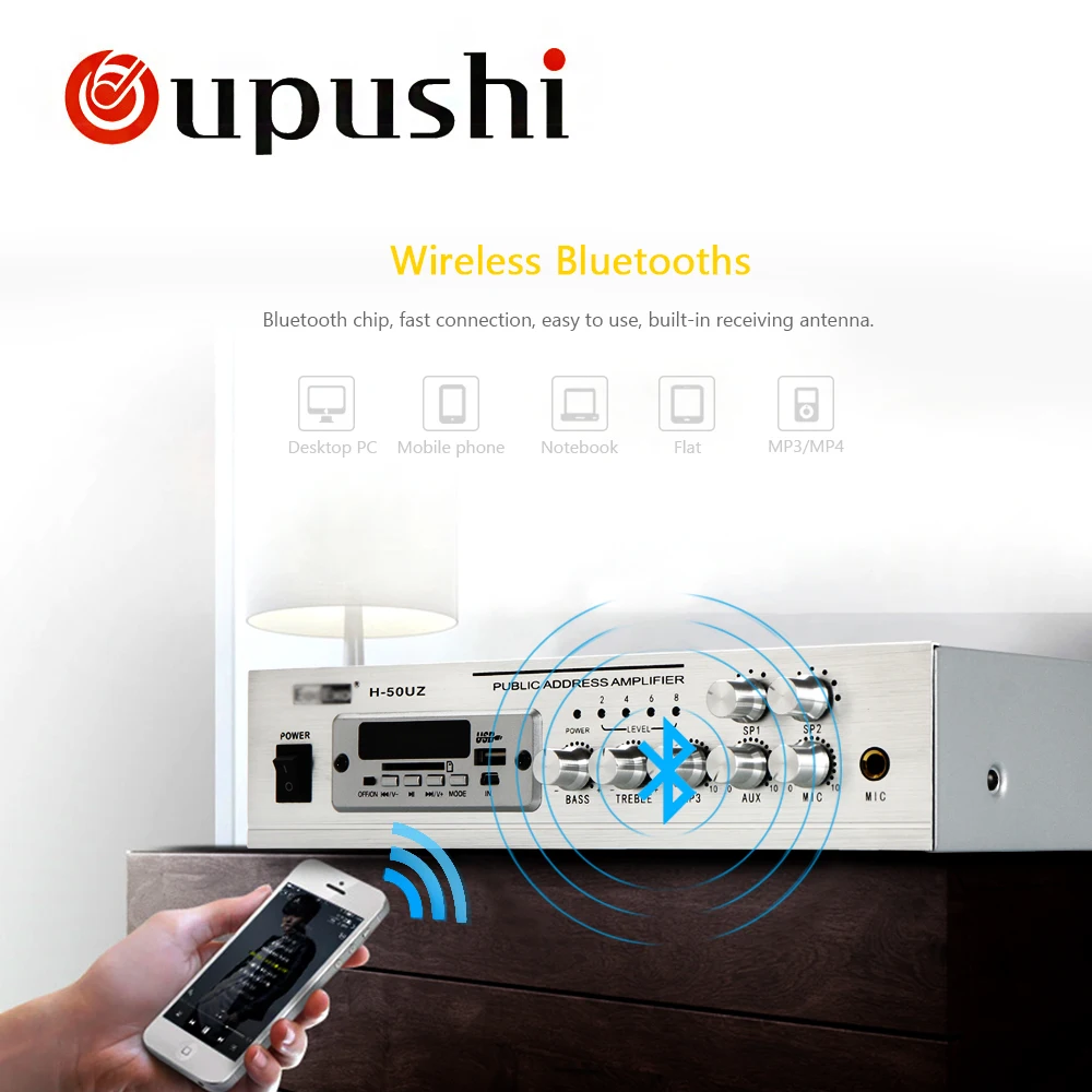 Мини bluetooth усилитель мощности OUPUSHI H 50UZ 50 Вт с USB sd картой Mp3 FM светодиодный
