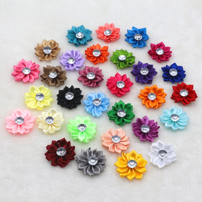 20 шт. новые белые атласные ленты цветок с хрустальными бусинами аппликации для