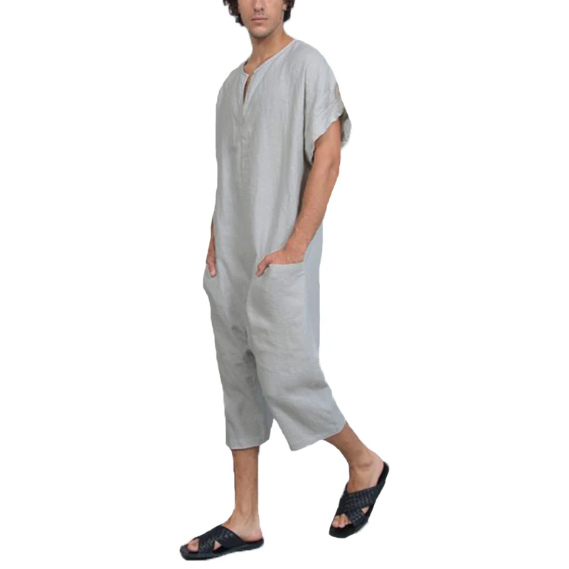 Ethnic Islamic Rompers Mens Jumpers Fashion Jumpsuits V Neck Muslim Islamic Kaftan Overalls Working Pockets Trouser Coveralls