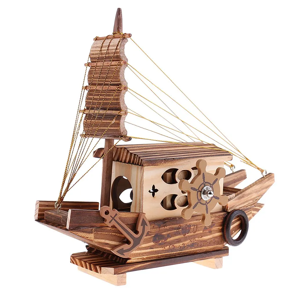 Vintage Wooden Music Box Sail Boat Model Table Ornament Home Office Decoration Birthday Christmas Gift for Children Kids | Игрушки и