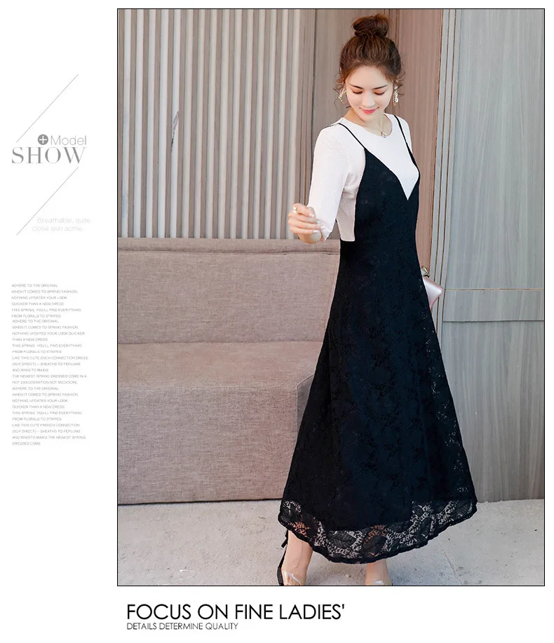 Новинка летний женский комплект одежды черное кружевное длинное платье на