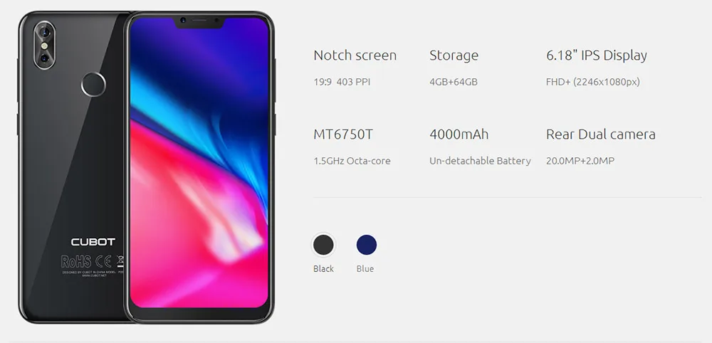 Cubot P20 19:9 6,18 дюйма 2246*1080 FHD+ Экран с Вырезой 4 ГБ Оперативная память 64 ГБ Встроенная память Android 8,0 MT6750T восьмиядерный Двойная Задняя Камера 20MP+ 2.0MP 4000 мАч Телефон 4G LTE Смартфон с Чехлом