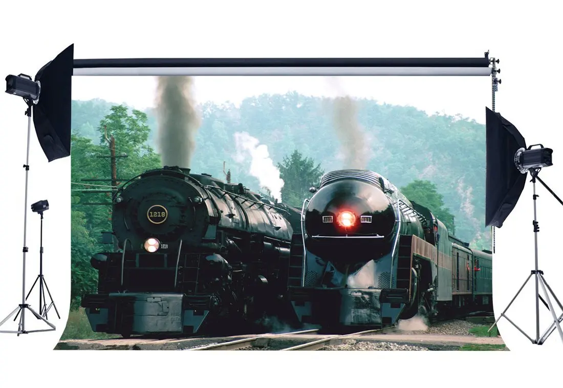 

Photography Backdrop Locomotive Vintage Old Steam Train Railroad Tracks Travel Backdrops Background