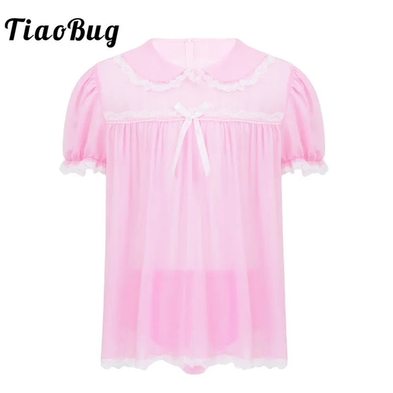 TiaoBug мужское шифоновое нижнее белье для взрослых Babydoll воротник пышные рукава