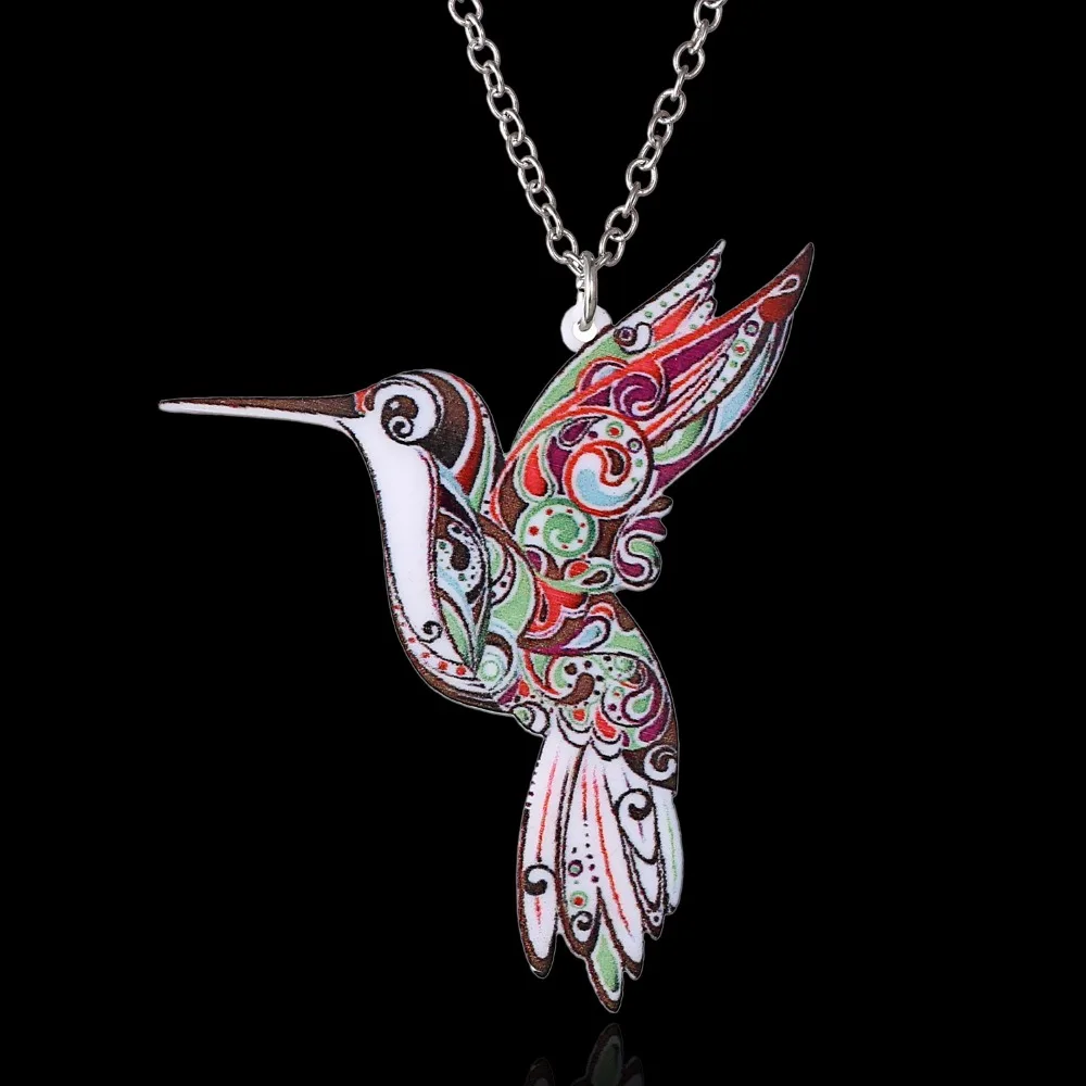 

Handmade Jewelry Colorful Double Side Acrylic Flying Bird Printing Flower Pendant Necklace For Women Costume Sweater Chain Gift