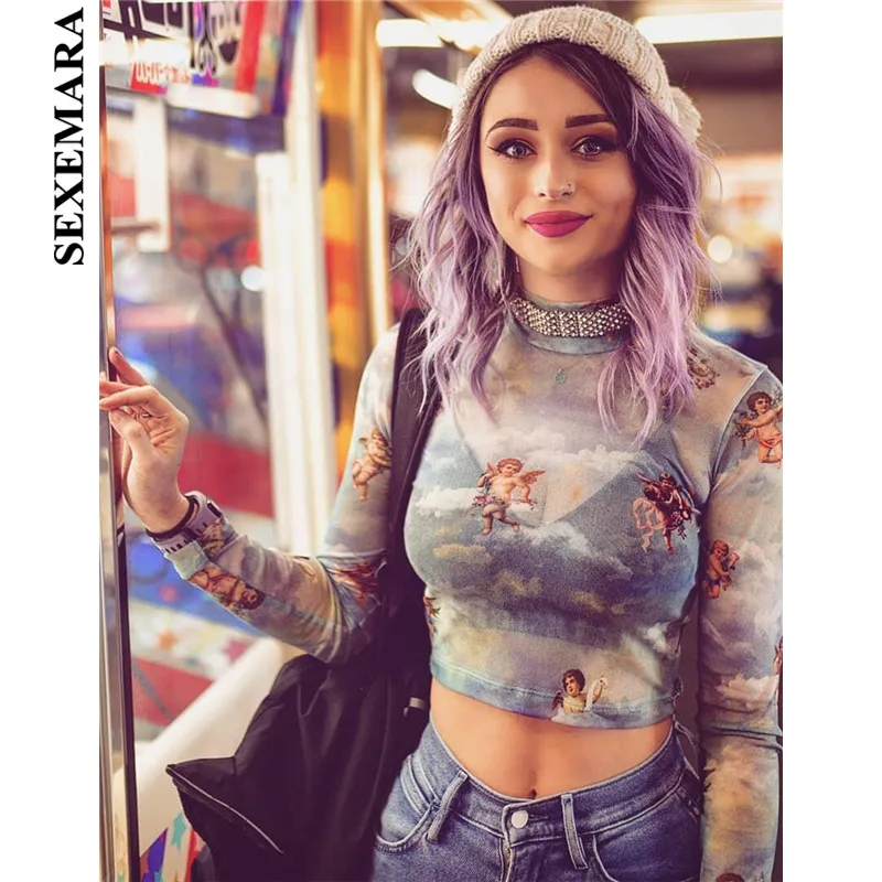 BOOFEENAA Cupid Angel Print Blue Mesh Turtleneck Long Sleeve Crop Top Graphic Tees Women Harajuku T Shirt Spring 2019 C66-I00 | Женская