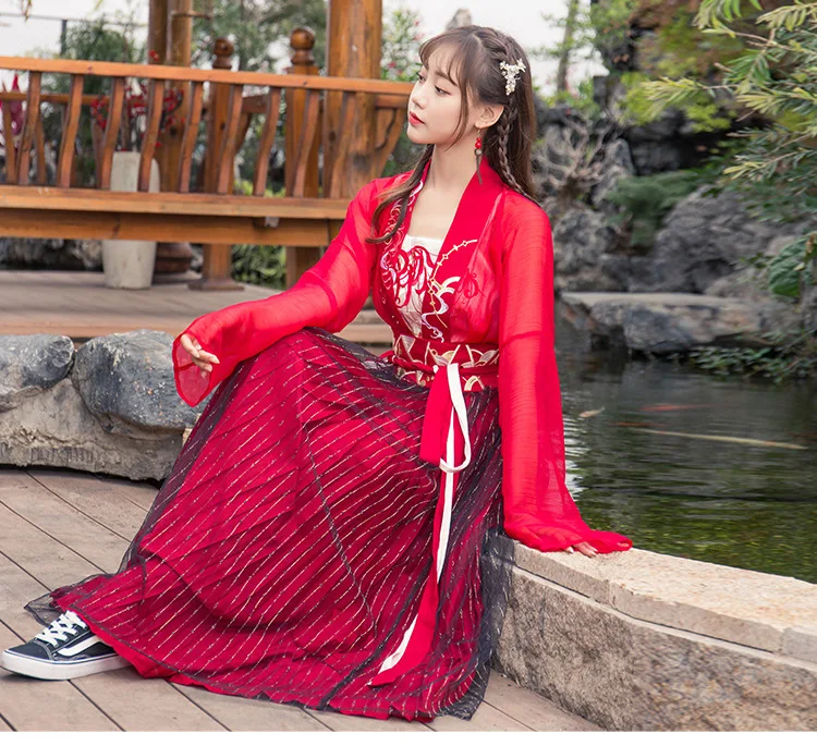 

Asian China Japan Korea Thailand Vietnam Sweet Girl Unique Red traditional Kimono Dress Radiate waist blouse + skirt Hanfu suits
