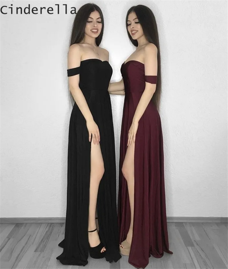 

Cinderella Off The Shoulder A-Line Floor Length Zipper Back Elastic Satin Bridesmaid Dresses Burgundy Wedding Bridesmaid Dress