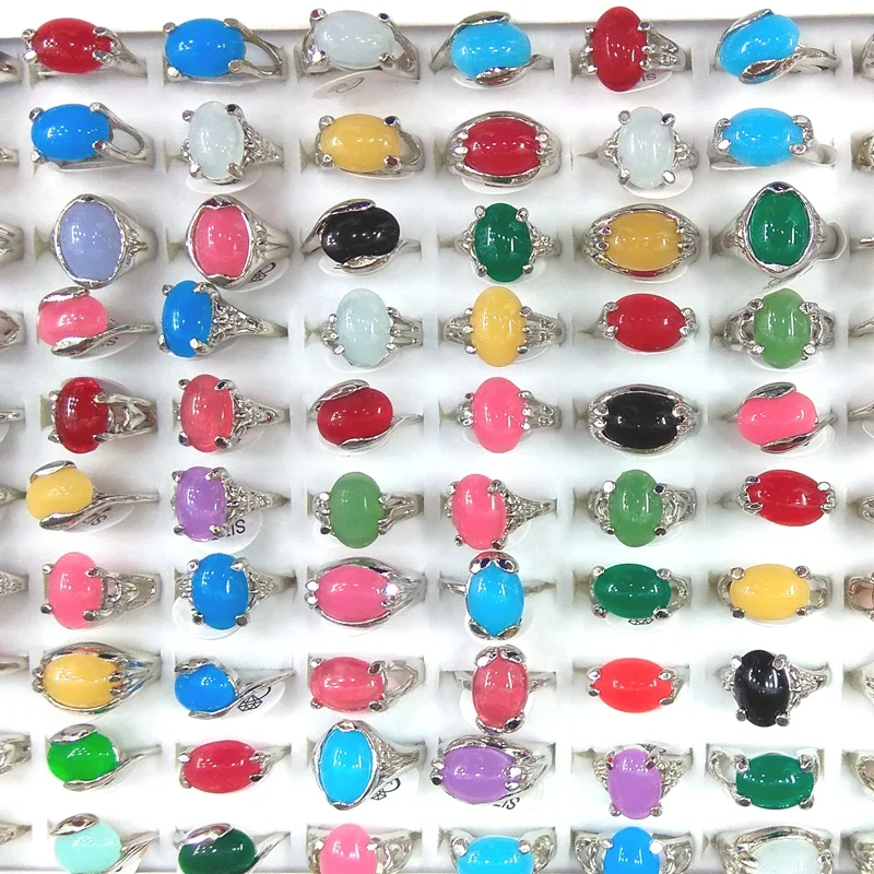 

50pcs Multi Color Oval Round Shape Natural Stone Rings For Women
