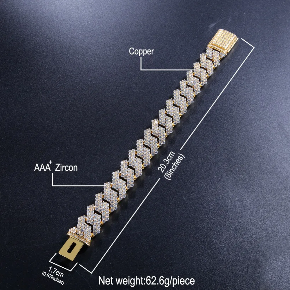 Мужской медный браслет 17 мм золотистый/серебристый из кубического циркония с