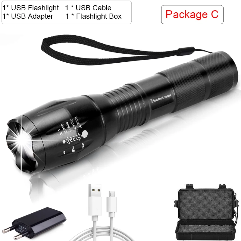 Package C 10000лм Мощный USB Фонарик светодиодный+ COB фонарь L2/T6 тактический фонарик масштабируемый перезаряжаемый светодиодный фонарик с usb-кабелем - Испускаемый цвет: Package C