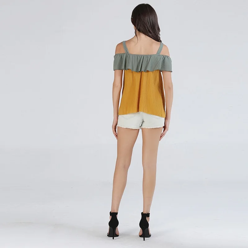 WHZHM оборками Slash шеи топы Для женщин Элегантные Лето Хлопок без рукавов с открытой