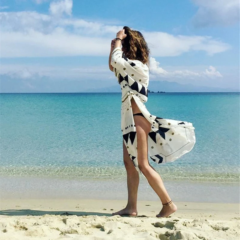 Swimsuit Cover Up 2020 Women Pareo Beach Dress Wears Print Loose Long Cardigan Bathing Suit Ups | Женская одежда