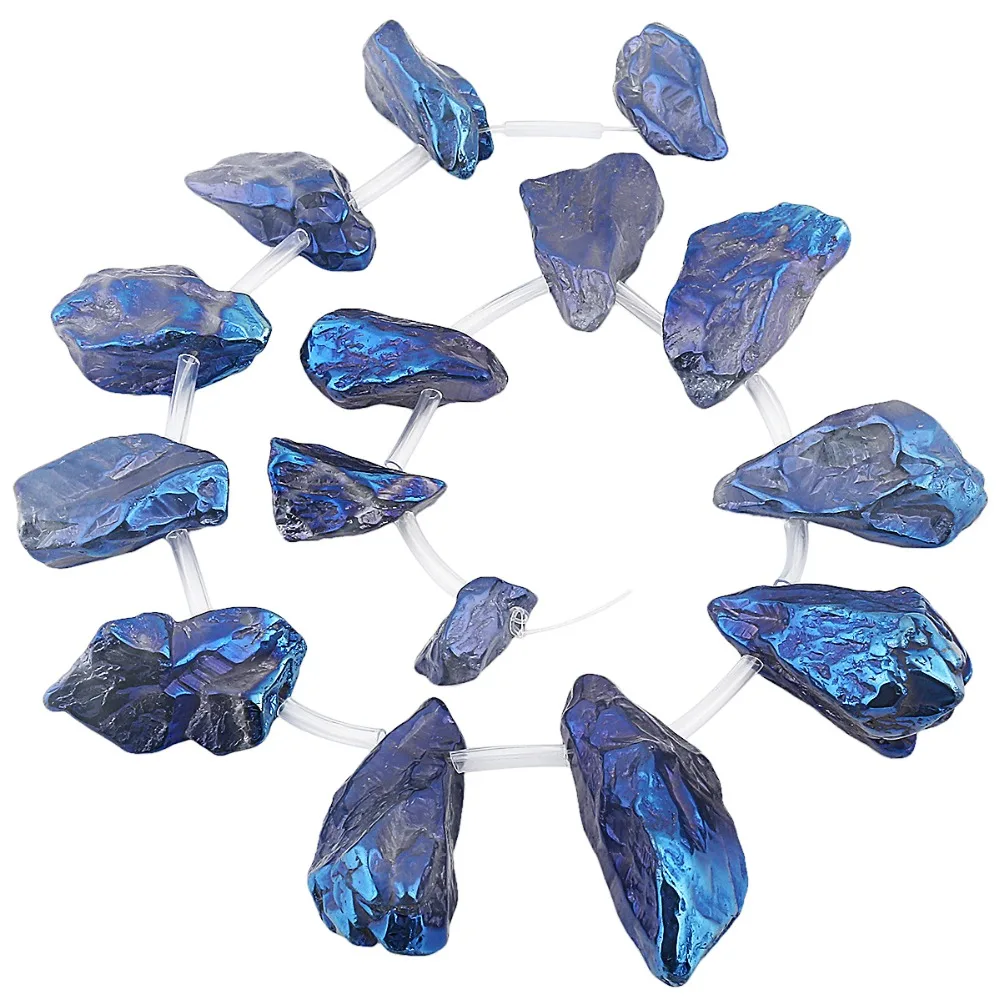 

TUMBEELLUWA Navy Blue Titanium Coated Crystal Quartz Point Beads,Raw Nugget Top Drilled Healing Crystal 15" Strand
