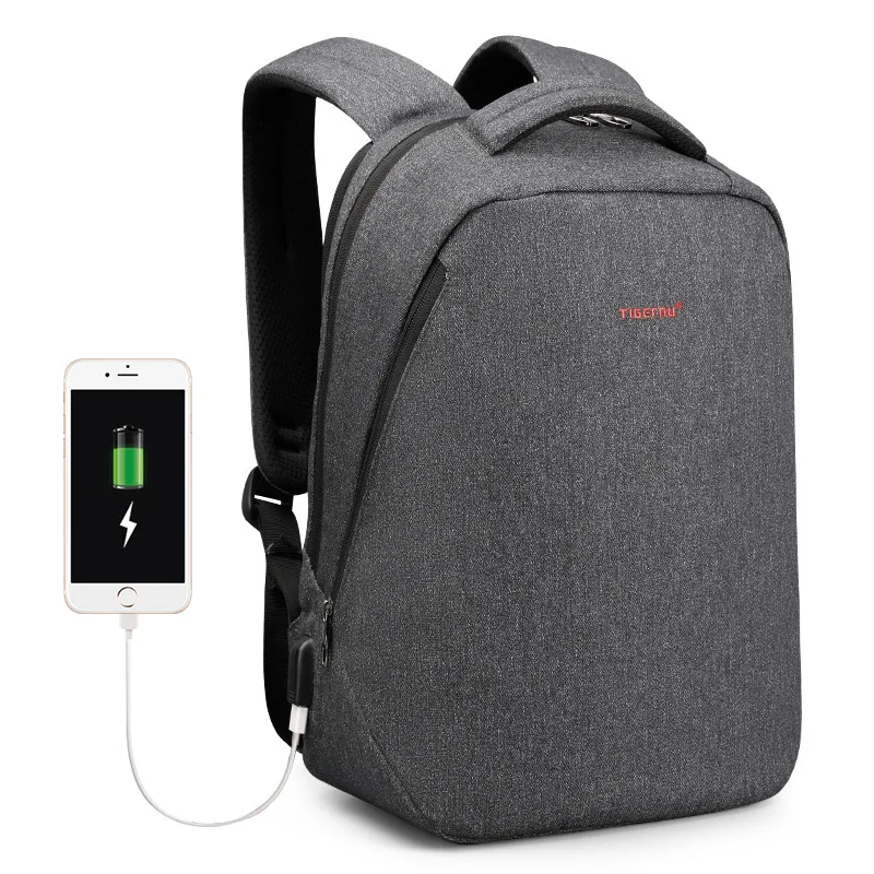 Tigernu марка USB зарядки рюкзак мужчины свет тонкий минималистский моды женщины рюкзак мешок школы 1" 17" рюкзак для ноутбука - Цвет: Black grey