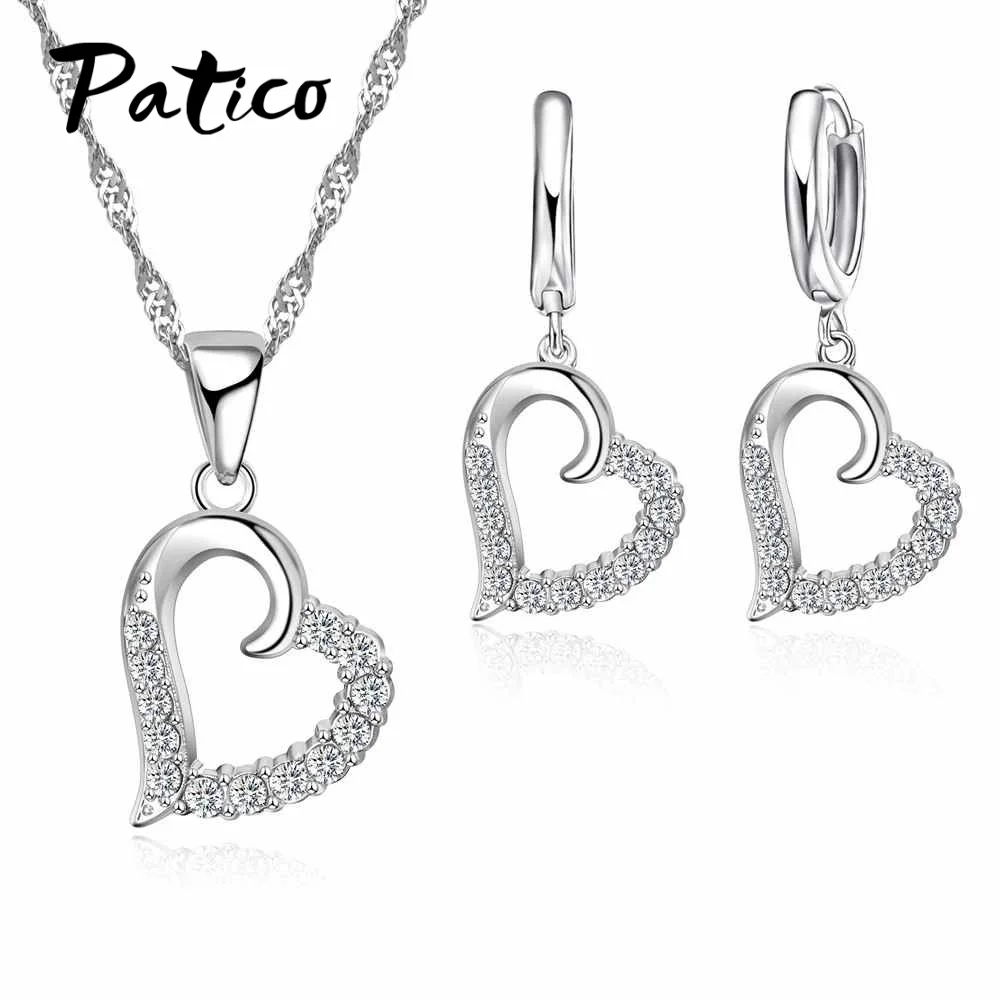 

925 Sterling Silver Jewelry Sets Cubic Zircon Stone Love Heart Austrian Crystal Necklace Huggie Earrings Women Best Gift