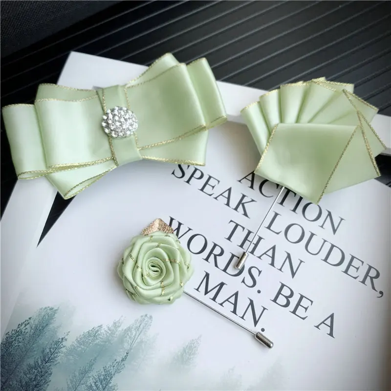 Handmade Bow Tie Set 3 шт., мужские галстуки-бабочки унисекс, стразы, брошь, набор носовых платков, Свадебный костюм, бизнес, Рождественский галстук, галстук, карманный квадратный галстук-бабочка - Цвет: Handmade Bow Tie Set
