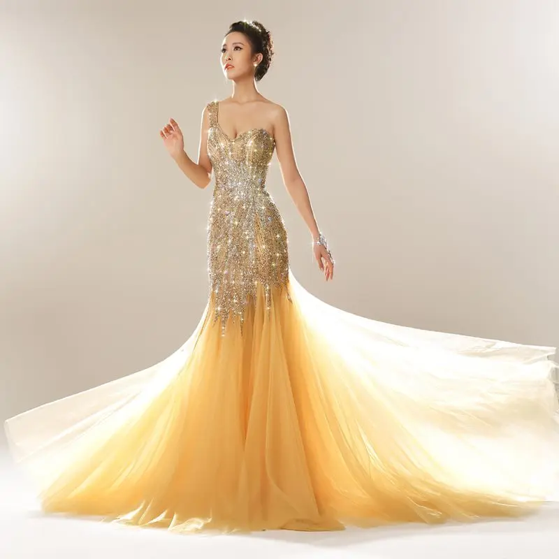 

Luxury One Shoulder Beaded Sequins Mermaid Evening Dresses 2021 Red Carpet Celebrity Formal Prom Party Gowns Robe De Soiree