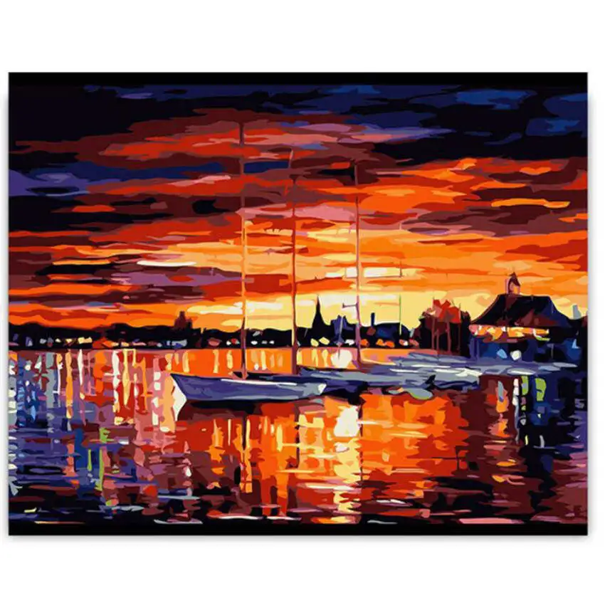 scenery painting 23 Романтическая картина для прогулок по номерам, ручная роспись, картина маслом для влюбленных в дождь, домашний декор, закат, лодка, 40x50 см - Цвет: scenery painting 23