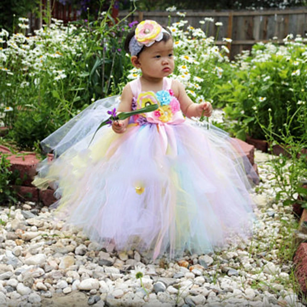 

Rainbow Pageant Unicorn Tutu Dress Flower Girls Pastel Colorful Ribbons Birthday Party Dresses Kids Halloween Christmas Costume