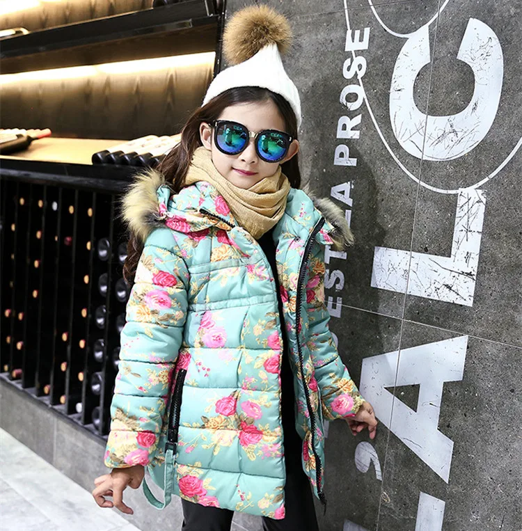 Teenage Girls Winter Jackets And Coats Warm Faux Fur Hooded Thick Cotton-padded Flower Clothes For Children 6-12Y SY |