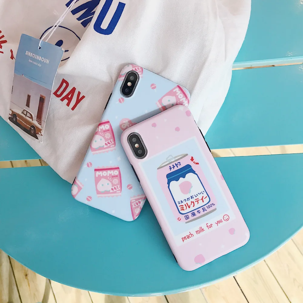 JiBan For Iphone X Fashion Colorful Korea Milk Bottle Shell iphone 6s 7 8 Plus Phone Cases IMD Soft Cute Peach Drink Cover |