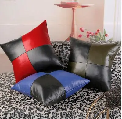 colorblock pattern PU leather cushion cover lumbar pillowcase sofa pillow for backrest indoor | Дом и сад