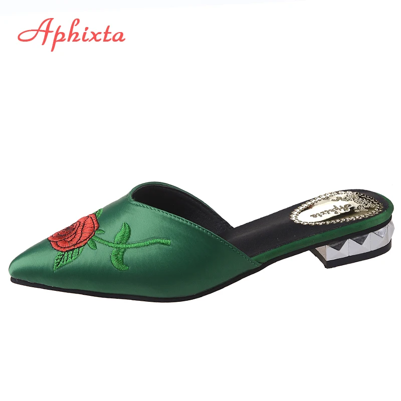 Aphixta Women Shoes Fashion Rose Flower Slippers Shallow Embroidery Low Heel Flat With Autumn Floral Point Toe Outdoor Slipper | Обувь