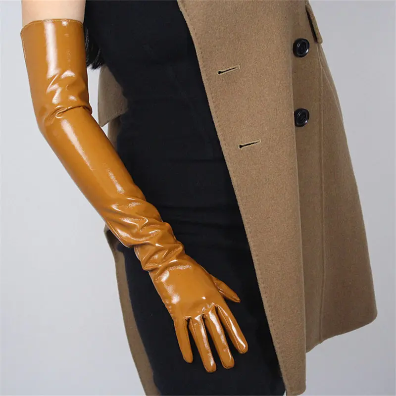 Patent Leather Brown 60 см, лакированные кожаные длинные перчатки, искусственная кожа, искусственная кожа, яркая кожа, наклейка, зеркальная, Сапфировая, синяя, темно-синяя, Женская WPU02-60 - Цвет: Patent Leather Brown