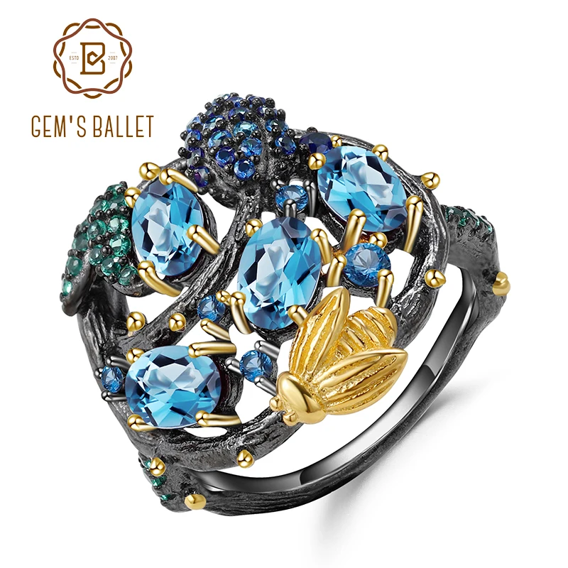 GEM'S балетные 925 пробы серебряные ювелирные изделия ручной работы натуральный Швейцарский Голубой Топаз Кольцо Золотая Пчела на ветке кольца для женщин Bijoux