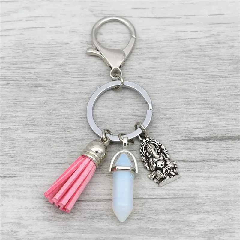 Indian Vintage Jewelry Antique Silver Meditation Elephant Buddha Ganesha Charm Tassel Pendant Natural Stone Key Rings Keychains | Украшения