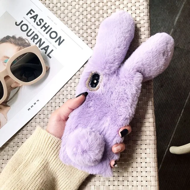 Case for iPhone X XR XS Max Wrist strap 3D Rabbit Furry fluffy 7 Warm cover 6 6S 8 Plus 5S Phone |