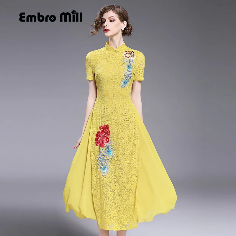 Высокая-конец Floral Summer Женщины Китайский Style Royal вышивка Dress ES элегантный тонкий Lady